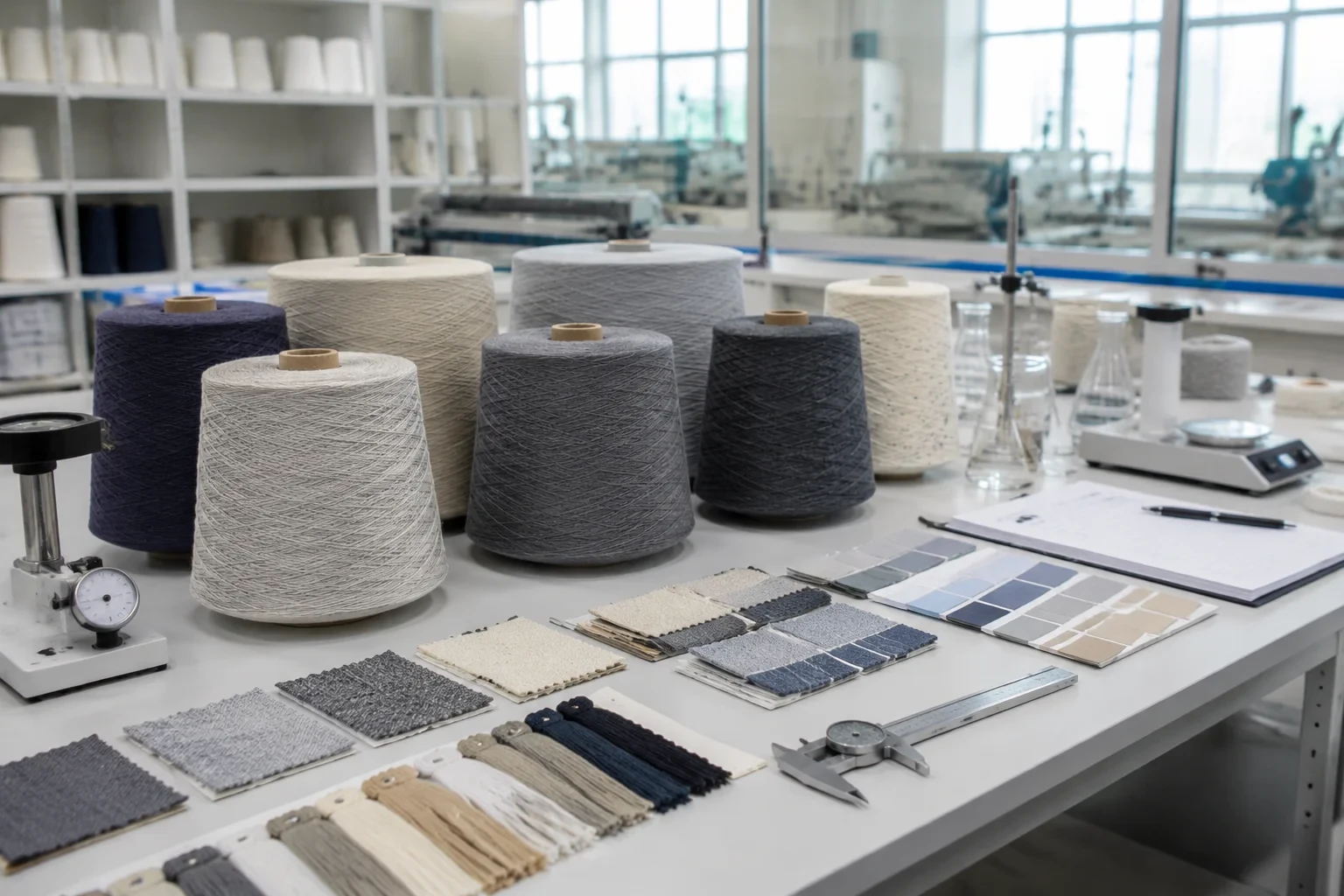 Inspection de la qualité des cônes de fil recyclé et des échantillons textiles