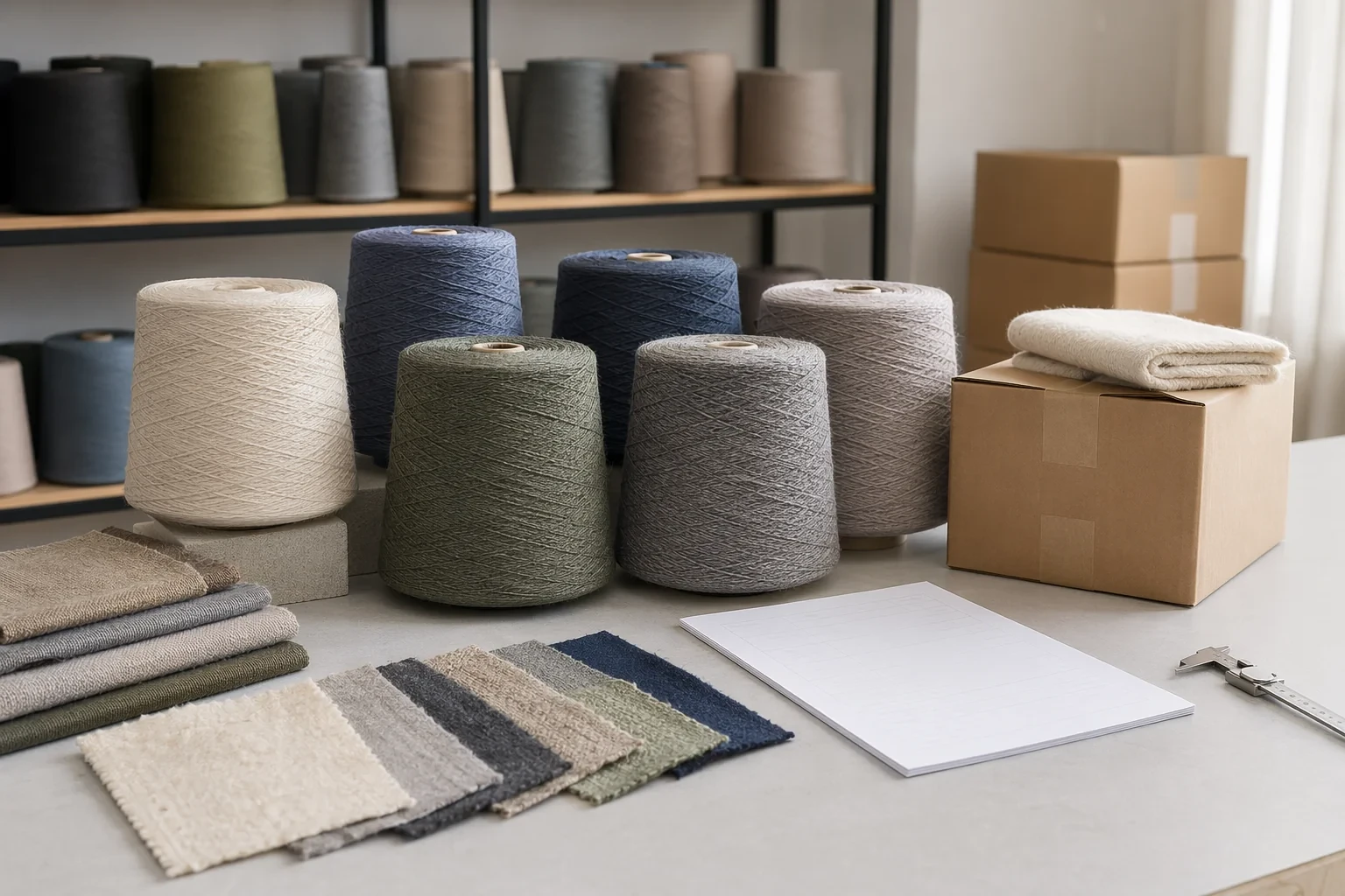 Cônes de fil recyclé, échantillons textiles et matériaux d’emballage préparés pour l’examen d’un approvisionnement en gros