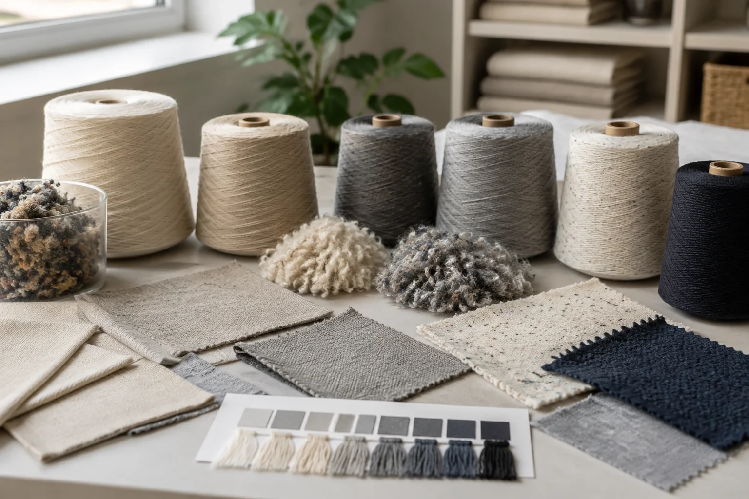 Cônes de fil recyclé et régénéré préparés pour la comparaison d’échantillons textiles