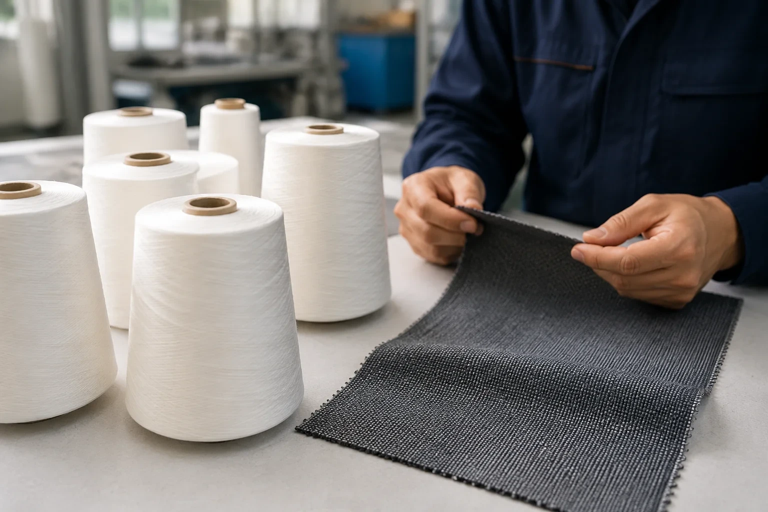 Cônes de filé de polyester préparés pour des essais d’échantillons de tissus industriels